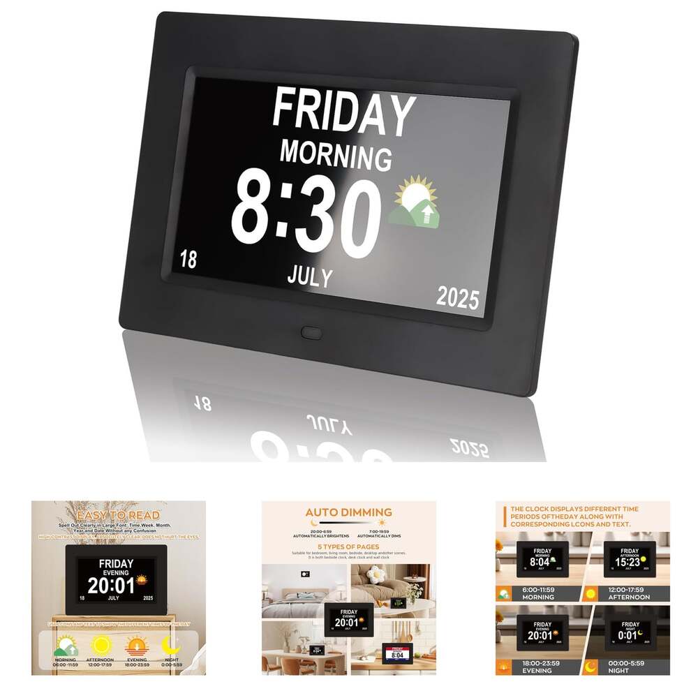 Digital Elderly Clock with Large Display 7 Inch Black Day Date Time Alarm For